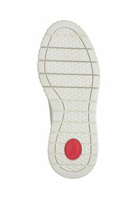 Weißer Gummisohlenschuh mit einer strukturierten, gemusterten Oberfläche, die horizontale Rillen und einen kreisförmigen roten Akzent mit der Aufschrift "COMFORT" aufweist. Größe 37.