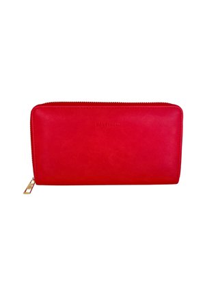 Red leather wallet with textured surface, gold hardware zipper, and embossed logo. Slim rectangular shape, features a smooth finish.