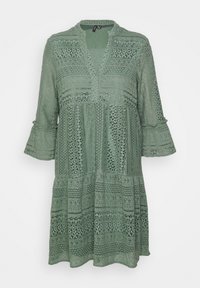 Robe en dentelle verte avec un décolleté en V, des manches longues à panneaux évasés et une jupe à volants, présentant des motifs floraux et géométriques.