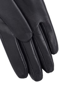 Gants en cuir noir avec une texture lisse, offrant un ajustement serré et quatre sections de doigts distinctes. Pas de matériel ou d'accents visibles.