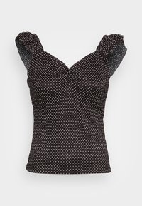 Schwarzes Oberteil mit weißen Punkten, V-Ausschnitt und Puffärmeln. Glattes Material mit taillierter Silhouette und gerafftem Design an der Brust.