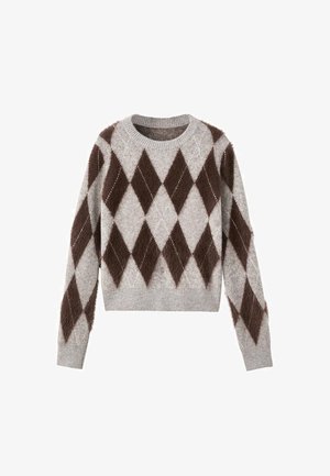 Gelaagd grijs gebreid sweater met een ruitpatroon in donkerbruin; heeft lange mouwen en een ronde halslijn; gestructureerde stof met zachte accenten.