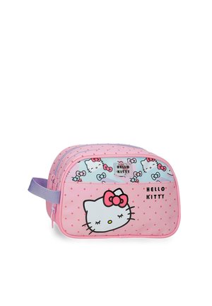 Pequeña bolsa rosa de Hello Kitty con lunares, con la cara y texto de Hello Kitty, asa morada y dos compartimentos con cremallera.