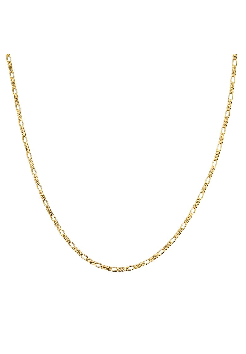 Zlatna verižica s izmeničnimi podolgovatimi in okroglimi povezavami, z gladko teksturo. Dolžina približno 45 centimetrov.