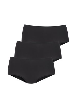 Schwarze nahtlose Hipster-Slips im Dreierpack. Hergestellt aus weichem, dehnbarem Stoff mit glatter, matter Oberfläche und ohne sichtbare Nähte.