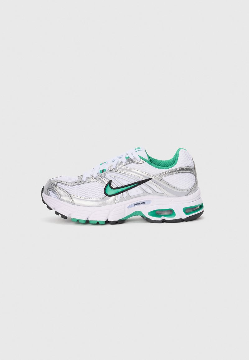 Nike running shoe in white, silver, and green. Features mesh and synthetic materials, padded collar, and cushioned sole with visible air units.