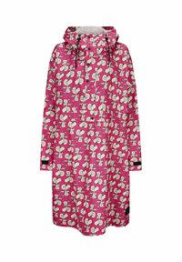 Roze regenjas met een herhaalde cartoonfigurenprint, voorzien van een capuchon, verstelbare trekkoordjes en een drukknoopsluiting.