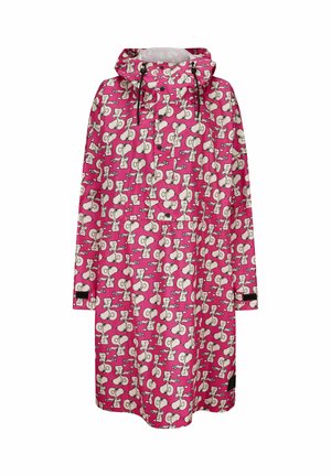 Imperméable rose avec un motif de personnage de dessin animé répété, doté d'une capuche, de cordons de serrage réglables et d'une fermeture à boutons-pression.