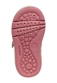 Suola di scarpa in gomma rosa con motivi texture circolari, marchio "GEOX" e dettagli "FLEXY SYSTEM" per una flessibilità migliorata.