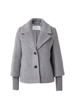 Grau melierte Wolljacke mit strukturierter Oberfläche, Reverskragen, zwei schwarzen Knöpfen und gerippten Strickärmel.