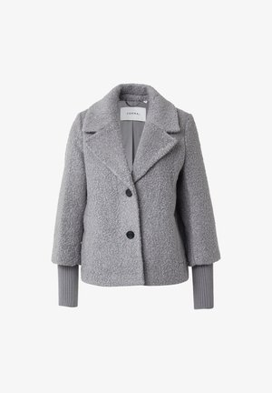 Grau melierte Wolljacke mit strukturierter Oberfläche, Reverskragen, zwei schwarzen Knöpfen und gerippten Strickärmel.