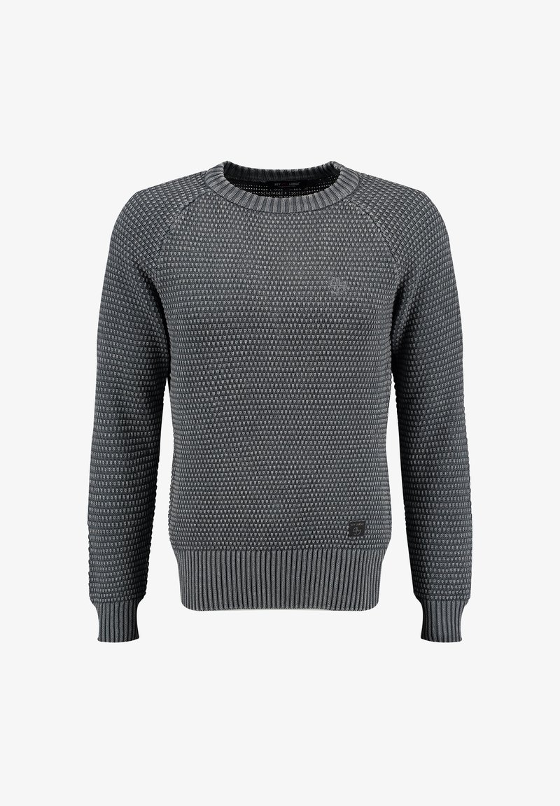 Maglione grigio a maglia con un motivo testurizzato, colletto a girocollo a costine e polsini a costine. Etichetta con logo sulla parte anteriore in basso.