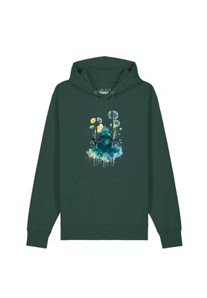 Donkergroene hoodie met voorkantzak en trekkoorden, met een blauwe mediterende figuur omgeven door gele en witte bloemen op de borst.