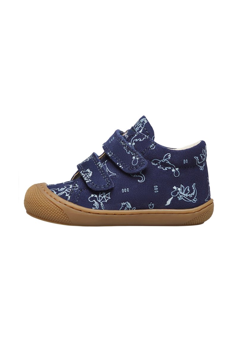 Scarpe per bambini navy con motivi di draghi, con doppie cinture in velcro e suola in gomma, caratterizzate da una trama testurizzata e un design con punta arrotondata.