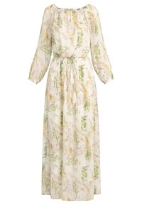 Robe longue et fluide en tissu léger avec un motif floral aux teintes vertes, roses et jaunes. Encolure élastique, manches longues et taille cintrée à nouer.
