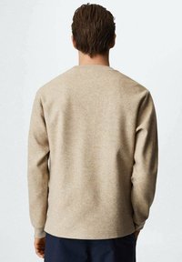 Beżowa bluza wykonana z miękkiego materiału, z długimi rękawami i okrągłym dekoltem. Gładka faktura, prosty wzór bez widocznych wzorów.