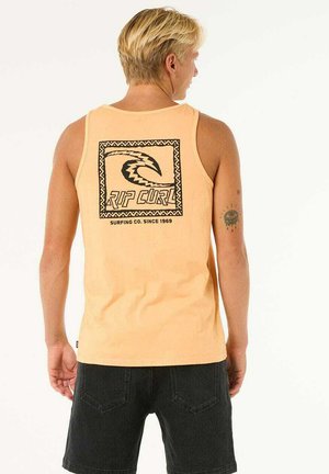 Peach-colored tank top with a black graphic design featuring waves and "Rip Curl" text. Black shorts with back pockets. Flat texture.