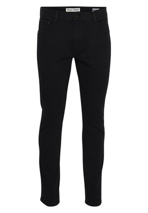 Jean en denim noir avec une coupe slim, présentant une fermeture à boutons et à zip à l'avant, des passants de ceinture et cinq poches. Le tissu a une texture lisse.