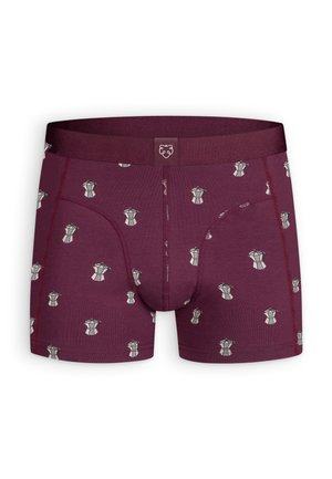 Maroon boxer briefs with gray espresso maker patterns and a solid maroon waistband featuring a small white logo patch in the center.