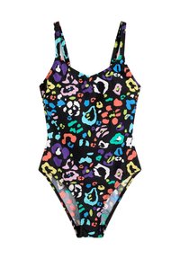 Maillot de bain une pièce noir avec un motif léopard coloré. Doté de bretelles ajustables et d'une coupe ajustée pour le confort.