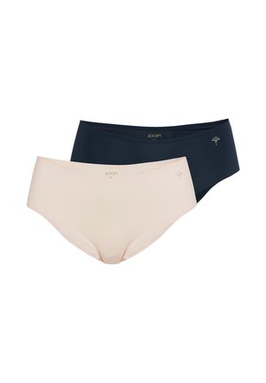 Two women's seamless hipster panties, one beige and one black, each with small brand logo and floral emblem on front.