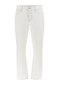 Balti džinsai su slim fit kirpimu, vidutinio aukščio juosmeniu, penkiomis kišenėmis, kontrastingais siūlais ir mygtuko uždarymu. Lygus paviršius, tiesūs kojai.