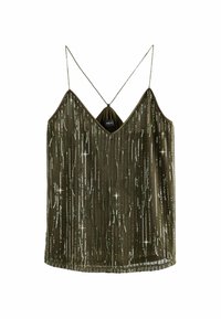 Top senza maniche color verde oliva, con scollo a V e spalline incrociate, caratterizzato da un motivo di paillettes lucenti e un tessuto morbido e testurizzato.