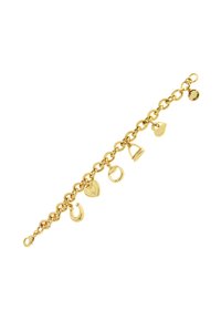 Goldarmband mit Gliedern, das fünf Charms zeigt: Herz, Hufeisen, Glocke, Schloss und Oval. Glatte Textur mit glänzender Oberfläche.