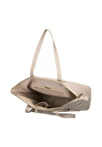 Sac fourre-tout beige avec une fermeture éclair, en tissu, doté de deux longues poignées et d'une poche intérieure. Design épuré et simple.