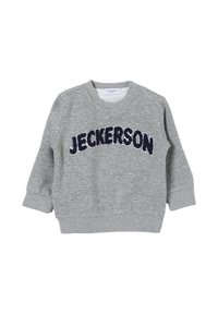 Felpa grigia a manica lunga per bambini con polsini e orlo a coste, con "JECKERSON" in grandi lettere blu navy sul petto.