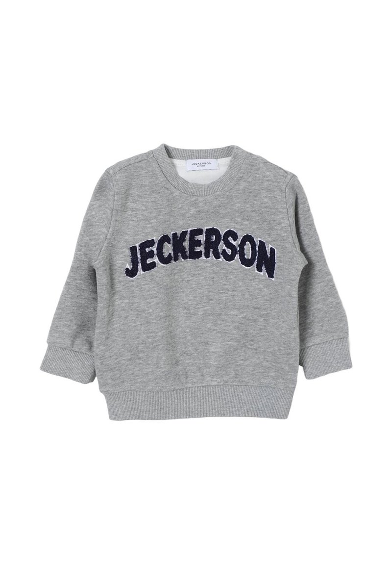 Felpa grigia a manica lunga per bambini con polsini e orlo a coste, con "JECKERSON" in grandi lettere blu navy sul petto.
