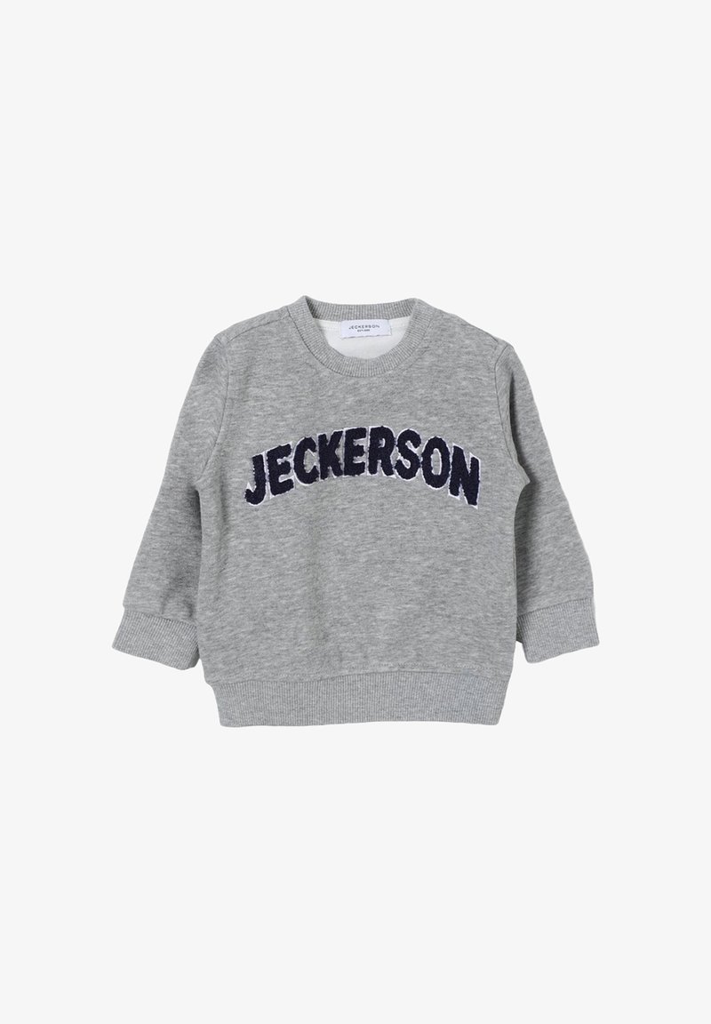 Felpa grigia a manica lunga per bambini con polsini e orlo a coste, con "JECKERSON" in grandi lettere blu navy sul petto.