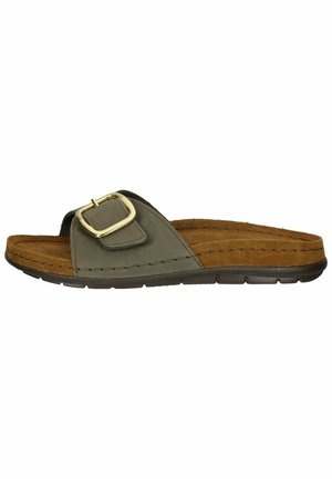 Olive green slide sandal with a wide strap and a square gold buckle, featuring a textured insole and a cushioned brown sole.