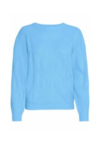 Maglione lavorato a maglia azzurro chiaro con texture a coste, caratterizzato da scollatura rotonda e motivi geometrici. Maniche lunghe e orlo aderente.