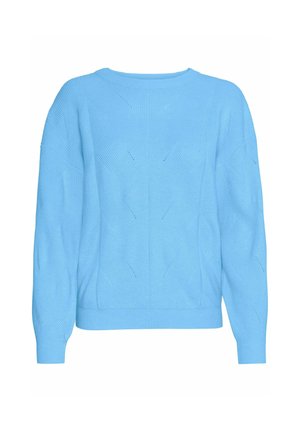 Šviesiai mėlyna megzto džemperio su raižyta tekstūra, turinti apvalų iškirpimą ir geometrinius raštus. Ilgos rankovės ir prigludusi apačia.