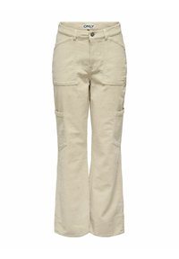 Beige cargo kalhoty s širokým střihem, vyrobené z odolné látky. Mají velké boční kapsy a zapínání na knoflík v pase.