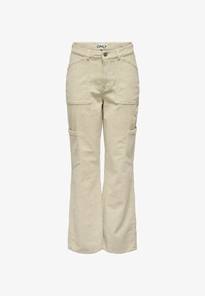 Beige cargo-housut, joissa on leveät lahkeet ja kestävä kangas. Sisältää suuret sivutaskut ja napin suljenta vyötäröllä.