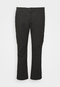 Black cargo pants with a straight leg and two side pockets. Made from durable fabric, featuring a button closure and belt loops.