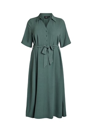 Groene midi-jurk met korte mouwen, knopen aan de voorkant, kraag en tailleceintuur, met zijsplitten.