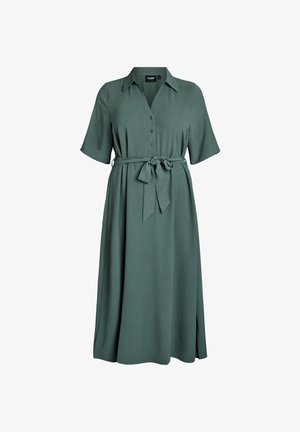 Groene midi-jurk met korte mouwen, knopen aan de voorkant, kraag en tailleceintuur, met zijsplitten.