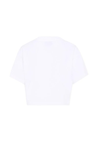 T-shirt blanc uni à manches courtes et coupe courte, avec un col rond, présenté à plat de dos sur un fond blanc.