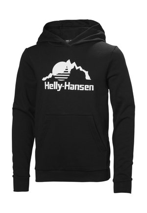 Sudadera negra con un gran logo blanco de "Helly Hansen" y un diseño de montaña en la parte delantera, con un bolsillo tipo canguro y mangas acampanadas.