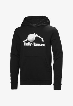 Sudadera negra con un gran logo blanco de "Helly Hansen" y un diseño de montaña en la parte delantera, con un bolsillo tipo canguro y mangas acampanadas.