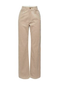 Beige high-waist corduroy pants with a button and zip front, two front pockets, belt loops, and straight wide legs.
