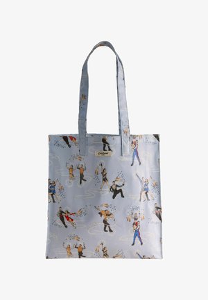 Sinise kangaga, millel on mitmekesised illustreeritud figuurid, kes esinevad jää peal. Kujunduses on värvikad aktsendid ja mängulised mustrid.