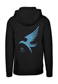 Fekete kapucnis pulóver, hátul nagyméretű kék sas grafikával, texturált dizájnnal, alatta a "CBA" és a "LIKE A PHOENIX" felirattal.