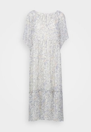 Leichtes, halbtransparentes Kleid in Weiß mit zartem blauem Blumenmuster, mit kurzen Ärmeln, Rundhalsausschnitt und gerafftem Taillendetail.