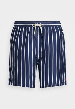 Marine svømmedrakter med vertikale hvite striper, elastisk midjebånd, snøring og liten rød logo på nederste venstre side.