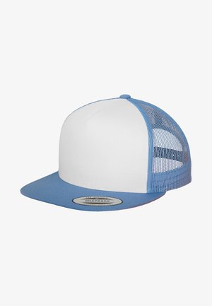 Snapback-hat med en hvid frontpanel, blå skygge og blå mesh-bag. Har et rundt mærke på undersiden af skyggen.