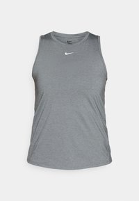 Szary sportowy top bez rękawów, wykonany z lekkiego, odprowadzającego wilgoć materiału. Posiada okrągły dekolt i małe białe logo Nike na klatce piersiowej.